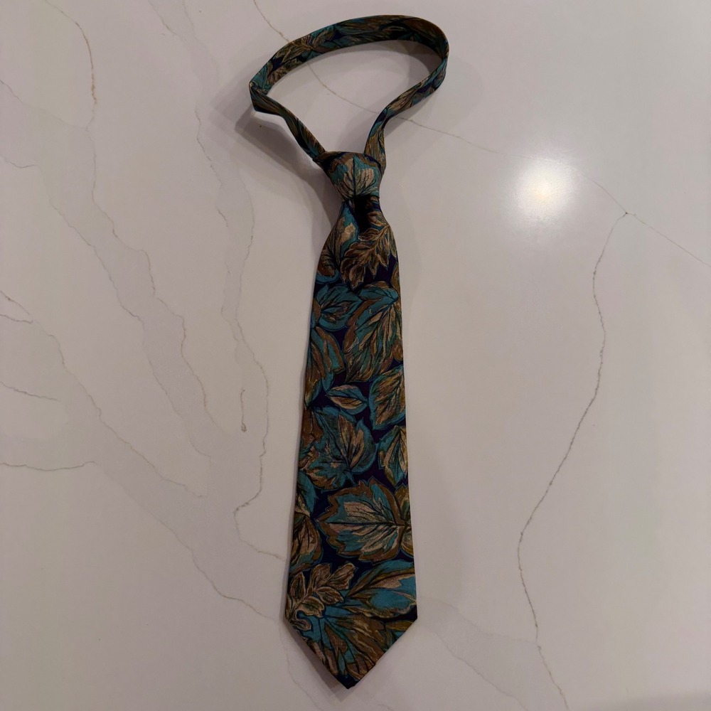 Marina‎ Di Carrara Mens Silk Tie Teal Gold Leaf Botanical Hand Made Italy